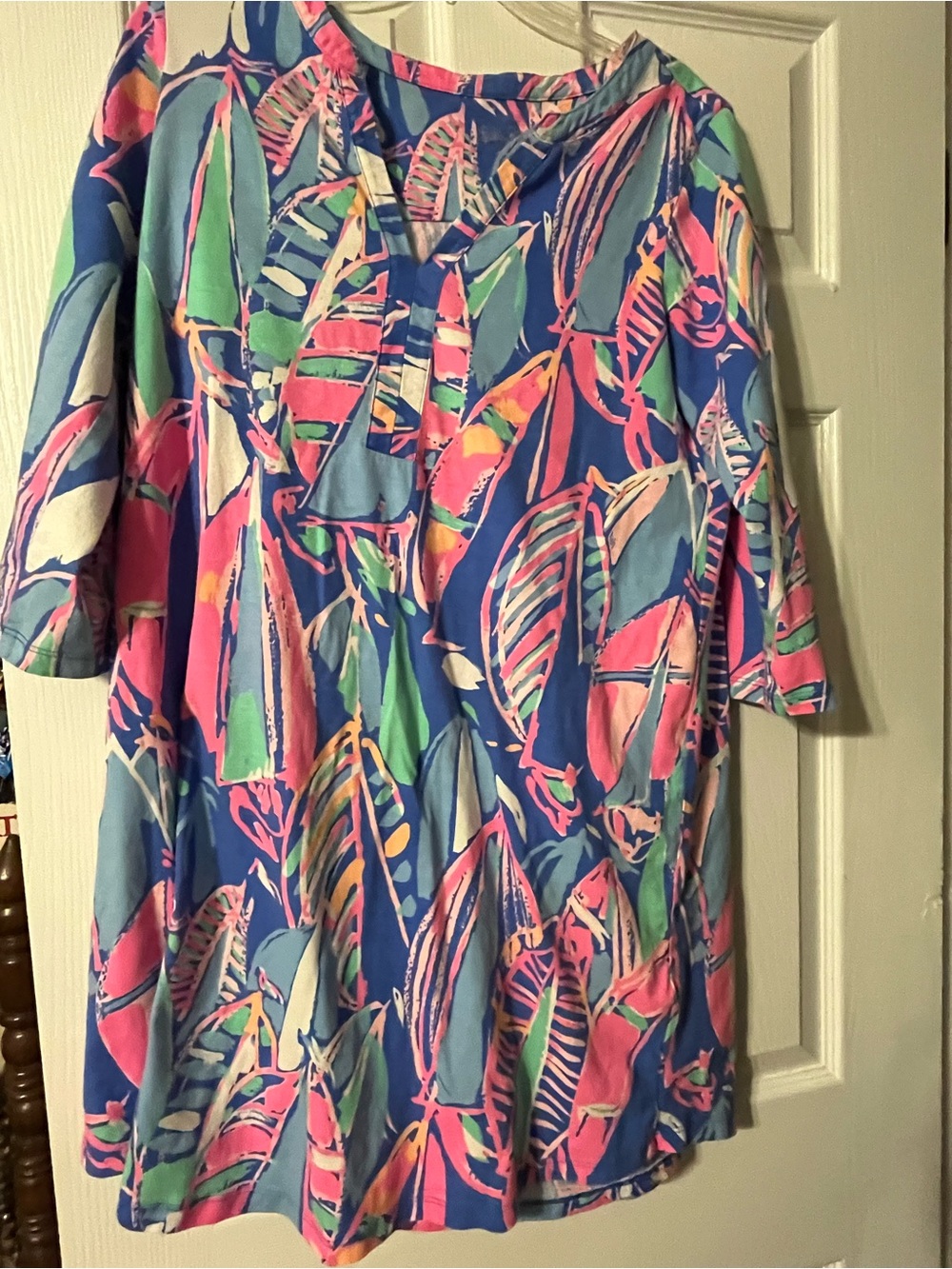 Lilly Pulitzer Blue Tunic Dress with Pink and Green Leaf Print